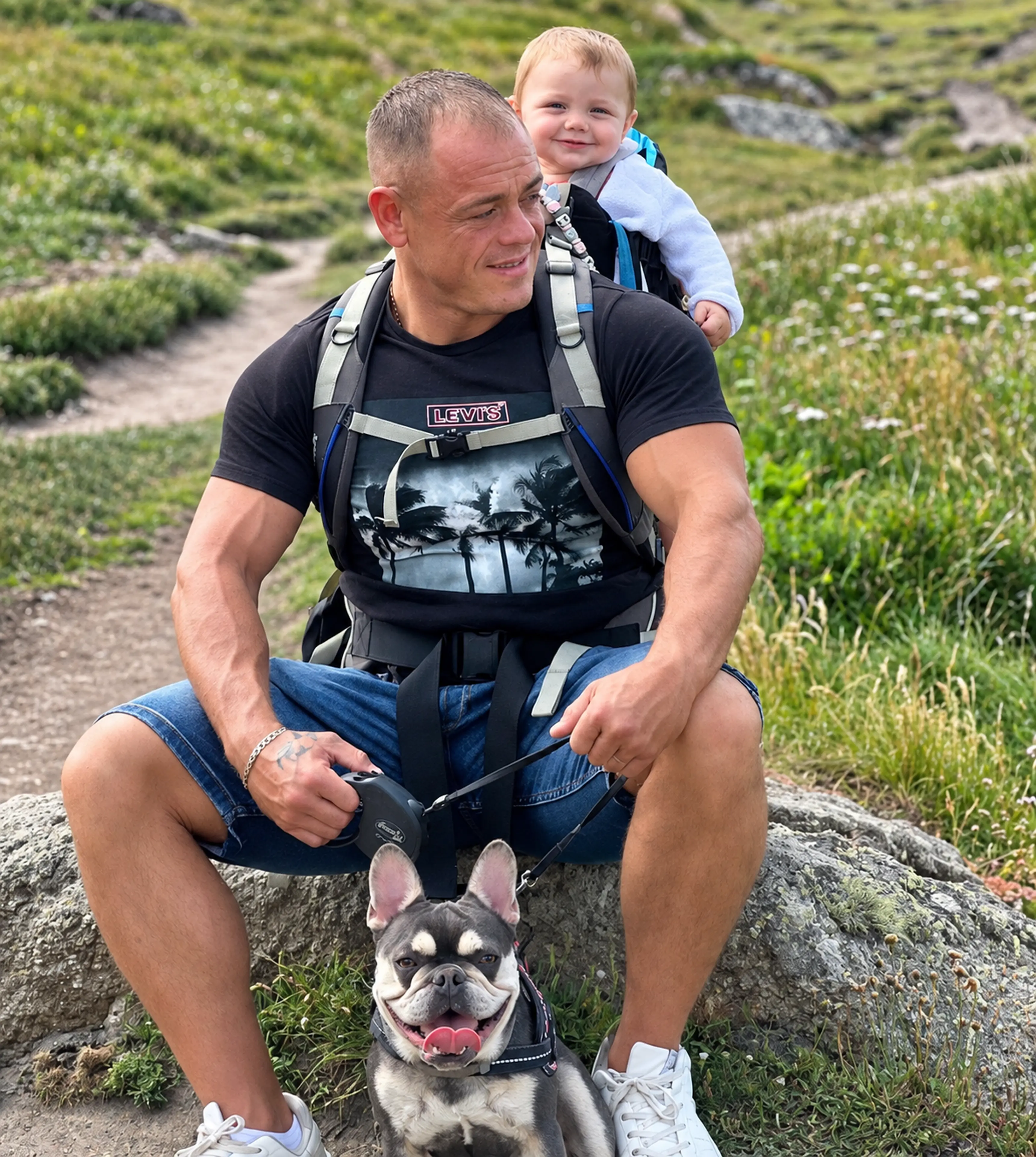 Daniel hiking with his child and dog